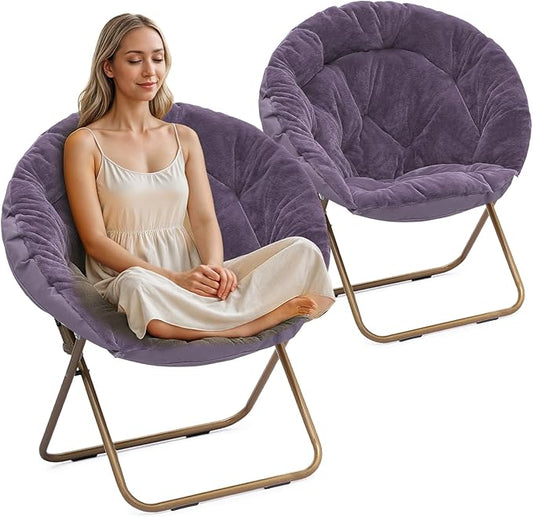Athena Collection Comfy Saucer Chair Folding Cozy Chair for Bed Room Living Room Accent Chair Faux Fur Reading Chair Foldable Metal Frame Lazy Chair Moon Chair for Adult Set of 2, Purple
