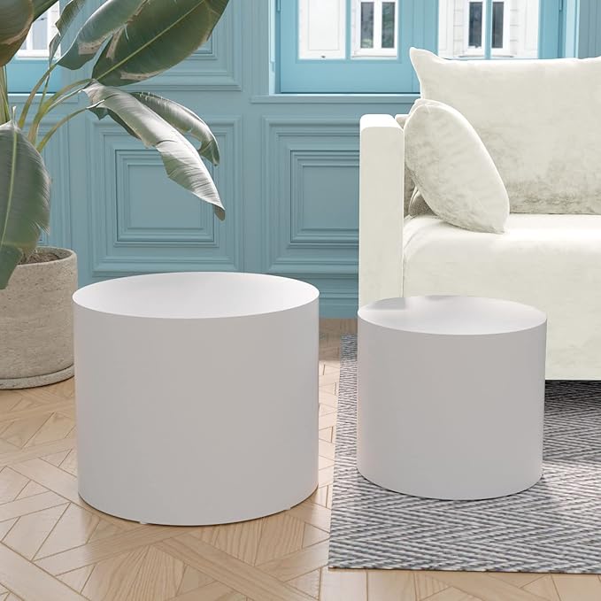 WILLIAMSPACE Nesting Coffee Table Set of 2, Matte White Round Wooden Coffee Tables Modern Circle Table for Small Space Living Room Bedroom Accent End Side Table (Matte White-Round)