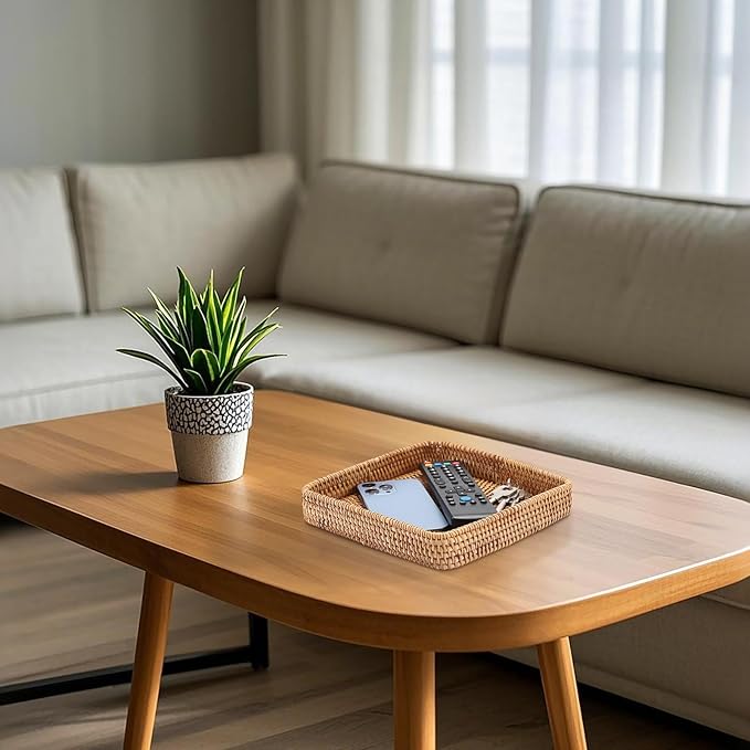 BTSKY Small Remote Basket for Coffee Table Entryway Living Room Rattan Serving Tray 8.1” x 8.1” Handwoven Wicker Baskets Decorative Tray for Wallet Remote Control Trinkets Rings Cosmetics Crackers