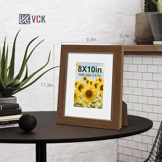 VCK 8x10 Picture Frame 2 Pack - Brown, High-End Wood Poster Frames with Tempered Glass, Display 5x7 Photo with Mat or 8x10 without Mat, Art Gallery-Quality, Wall Hanging/Tabletop, Brown