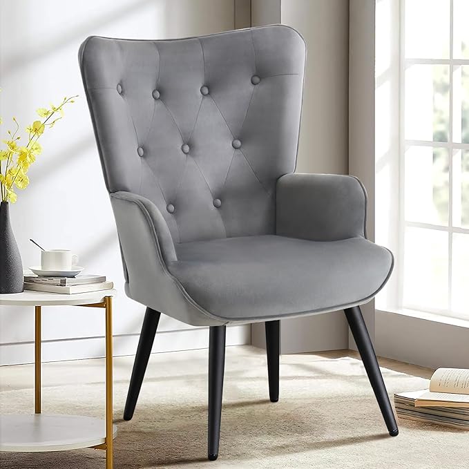 Furniliving Modern Accent Chair, Velvet Tufted Button Wingback Chair Upholstered Side Armchair Comfy Lounge Chair with Tapered Legs Sofa Leisure Chair for Home Office/Living Room/Bedroom, Grey