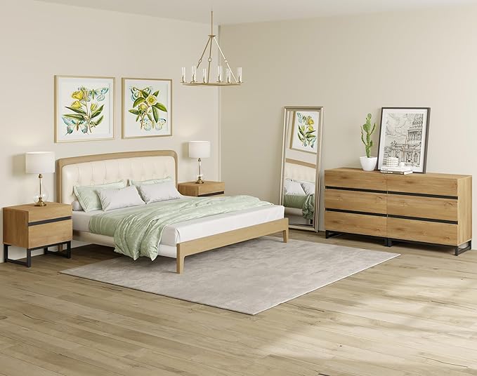 WAMPAT Modern End Table with 2 Drawers, Farmhouse Sofa Table, Wooden Rustic Side Sofa Table Metal Leg for Living Room, Nighstand for Bedroom, Oak