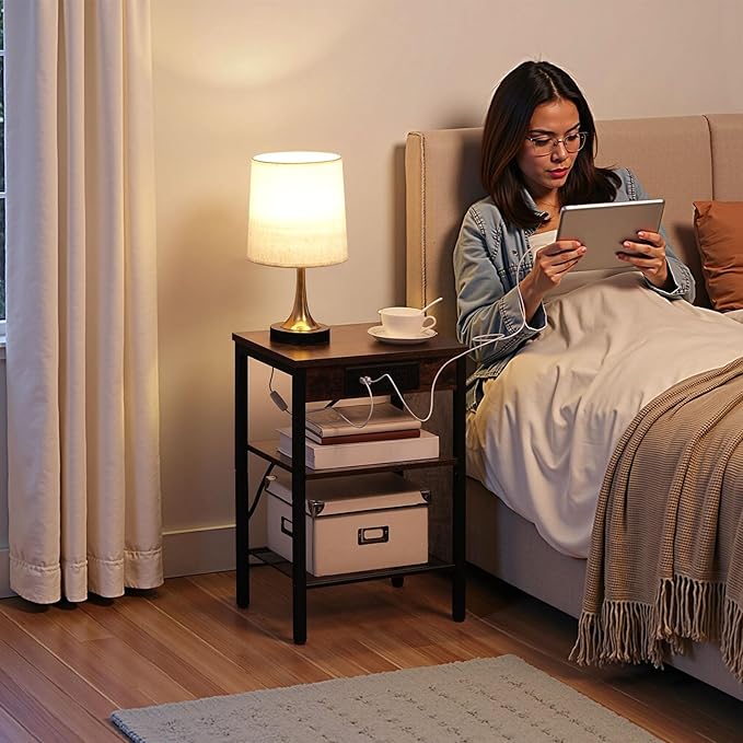 HOOBRO End Tables Set of 2 with Charging Station and USB Port, 3-Tier Nightstands with Adjustable Shelf, Small Side Tables for Small Space in Living Room, Bedroom, Rustic Brown BF112BZP201