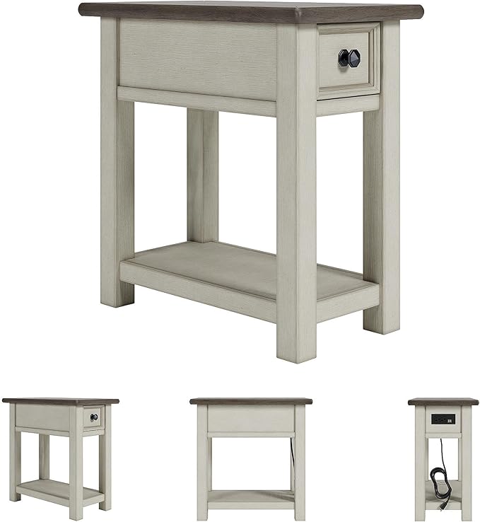 Signature Design by Ashley Bolanburg | Farmhouse Chair-Side End Table – USB Charging Ports, Drawer, Two-Tone Light Brown & Whitewash