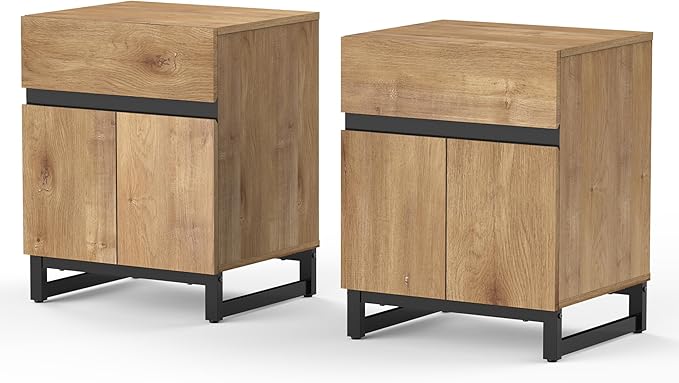 WAMPAT 2 Pack Modern End Table with 1 Drawer & 1 Storage Cabinet, Farmhouse Sofa Table with 2 Open Door, Wood Rustic Side End Table for Living Room, Nighstand for Bedroom, Oak