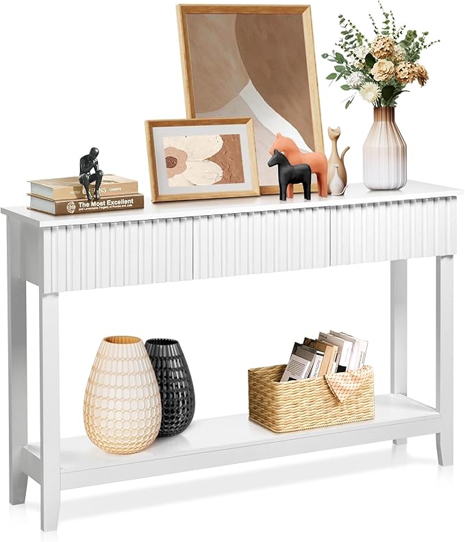 Karl home 51" White Console Table with 3 Fluted Drawers, Modern Sofa Table with Open Storage Shelf for Living Room, Foyer Hallway