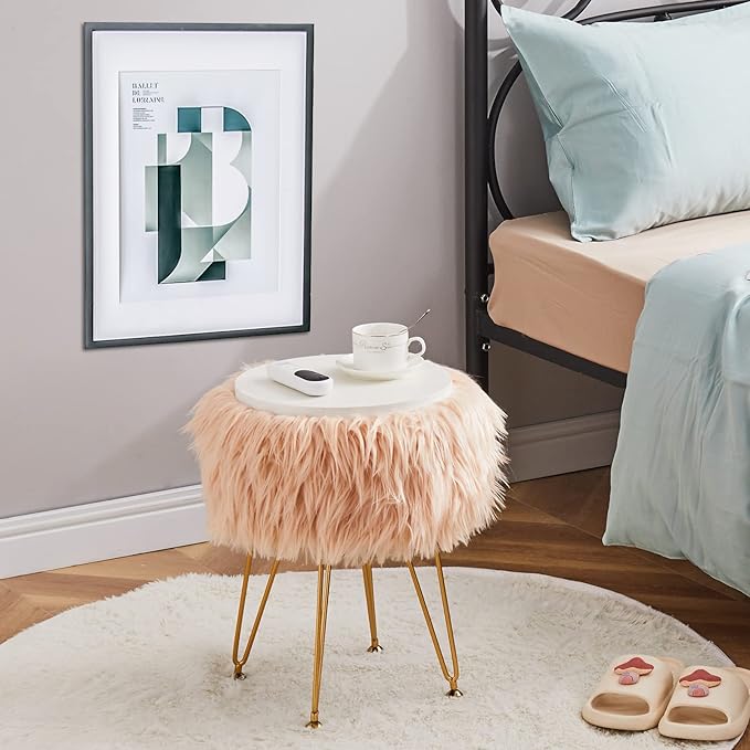Mxfurhawa Faux Fur Storage Ottoman Round Furry Vanity Stool Marble Grain Tray Coffee Table Compact Footrest Stool with 4 Metal Legs Soft Makeup Seat Foot Stools Living Room Bedroom Entryway Champagne