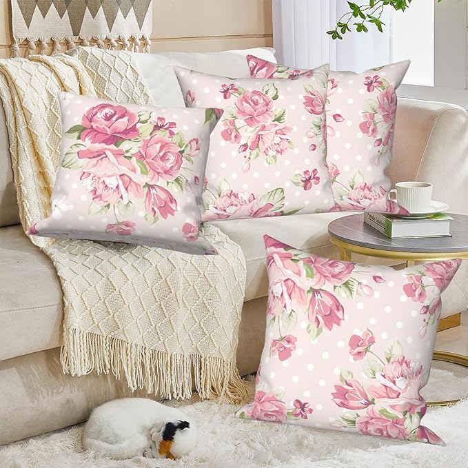 Flower Throw Pillow Covers 22"x22" Set of 4, Romantic Spring Blooming Pink Roses Floral Couch Cushion Cases for Chair Sofa Bed Living Room Garden Car Indoor Outdoor Home Decorative