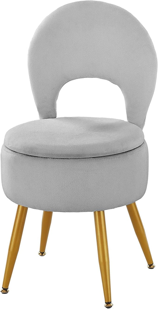 Vanity Stool with Storage and Backrest, Folding Back & Velvet Seat, Footrest, Round Ottoman with Sherpa, Vanity Chair with Storage, Ideal for Bedroom, Living Room, and Makeup Stations