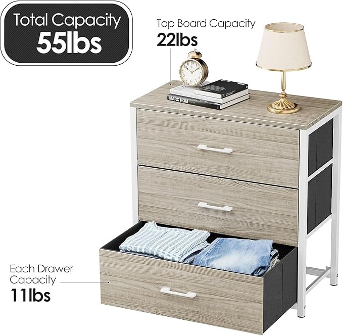 Nightstand, End Table, Bedside Table, Tall Fabric Dresser with 3 Drawer, White Drawers Small Chests of Drawers Organizer Storage Tower with Steel Frame, Wooden Top & Front for Bedroom