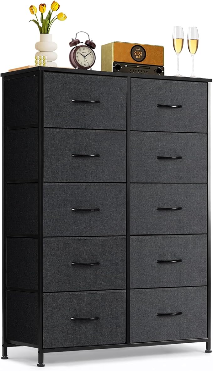 10-Drawer Dresser for Bedroom, Anti-Tip Tall Storage Organizer Chest of Drawers with Wooden Top and Metal Frame Fabric Bins for Closet, Living Room, Hallway, Entryway, Black
