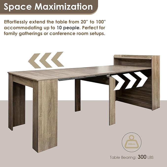 DMAITH 20"-99" Extendable Dining Table with Storage for 2-10 People, Modern Modular Extension Table, Space-Saving Extra Long Folding Dining Table, Multifunctional Conference Meeting Table, Oak