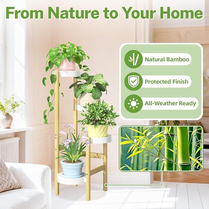 iDavosic.ly 4 Tier Bamboo Plant Stand Indoor Outdoor with Plastic Tray, Tiered Corner Flower Holder Shelf, Space Saving Orchid Display Rack for Patio Porch Living Room Garden Balcony, Natural White