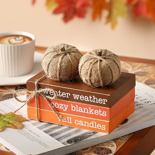 KORMMCO Thanksgiving Decor, Fall Tiered Tray Decor, Wood Book Stack with Maple Leaves & Pumpkins, Farmhouse Mini Decorative Books Bundle, Fall Decor for Table