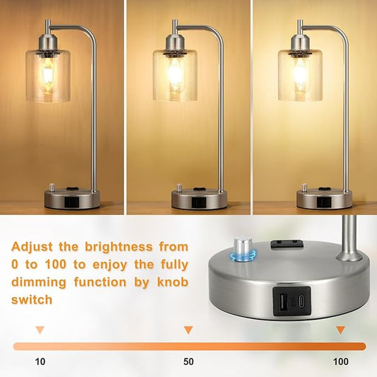Industrial Table Lamps for Bedrooms Set of 2 - Fully Dimmable Bedside Lamps with USB A and C Ports and Outlet, Nickel Nightstand Lamps with Glass Shade for Living Room, Desk Lamps for Office Reading