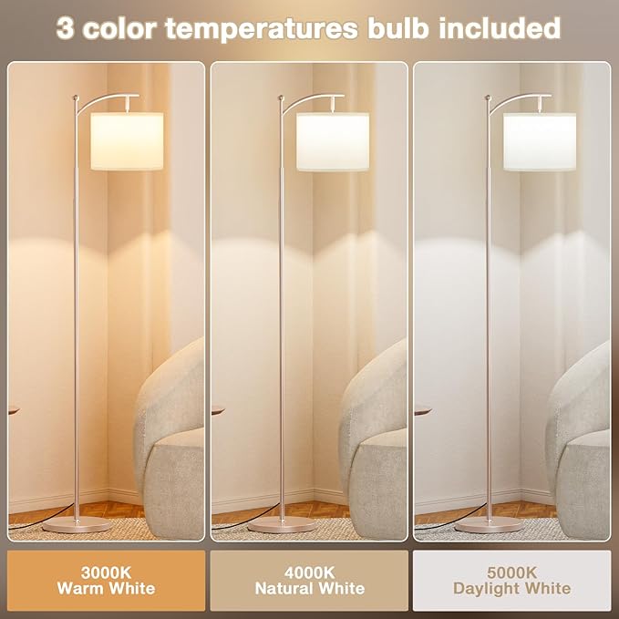 60" Floor Lamps for Living Room with 3 Color Temperatures, Adjustable White Shade with Light Gold Pole, Tall Lamps for Living Room Bedroom Office Classroom Dorm Room, 9W Bulb Included