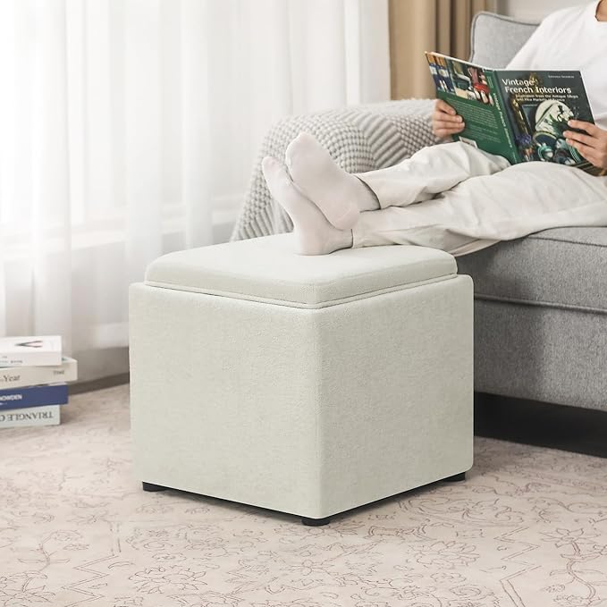 Adeco 17" White Square Storage Ottoman with Tray, Modern Cube Ottoman Coffee Table for Dorm, Bedroom (White with Tray)