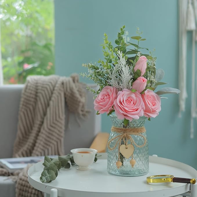 Faux Flowers with Vase,Artificial Silk Roses in Vase, Fake Plant Eucalyptus Flower Arrangement for Home Office Farmhouse Bathroom Dining Table Centerpiece Decorations Coffee Table Decor (Pink)