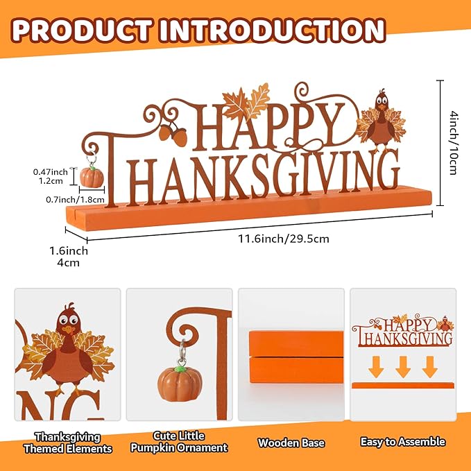 Metal Holiday Table Sign Decor, Decorations Tabletop Centerpiece for Home, Office, Shelf, Tiered Tray, Mantel, Indoor, Merry Christmas, Happy Thanksgiving