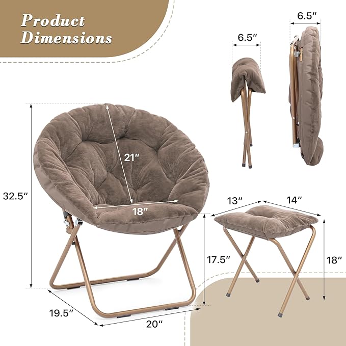Athena Collection Saucer Chair with Ottoman Comfy Chair for Bed Room Living Room Folding Round Cozy Chair Faux Fur Metal Frame Foldable Lazy Chair Accent Chair Reading Chair Set of 2, Brown