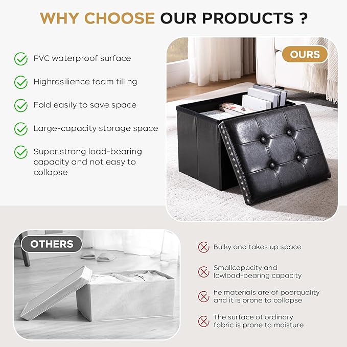 Storage Ottoman Foot Rest Stool, Foldable Leather Footstool Storage Bench with Rivet Design, Thicker Foam Padded Seat, Footrest Under Desk for Living Room Bedroom 242 lbs, 16x12x12 in, Black