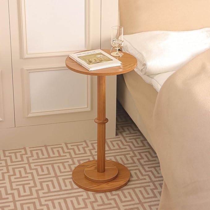 MaxSmeo Drink Table, Small Side Table for Small Spaces, Modern Round End Table with Fluted Wood Leg, Brown
