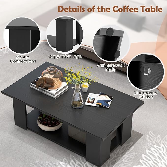 Giantex Rectangle Wood Center Table, 41" L 2-Tier Large Modern Tea Table w/Open Compartment, Easy Assembly, Accent Coffee Table for Living Room, Reception Room, Black
