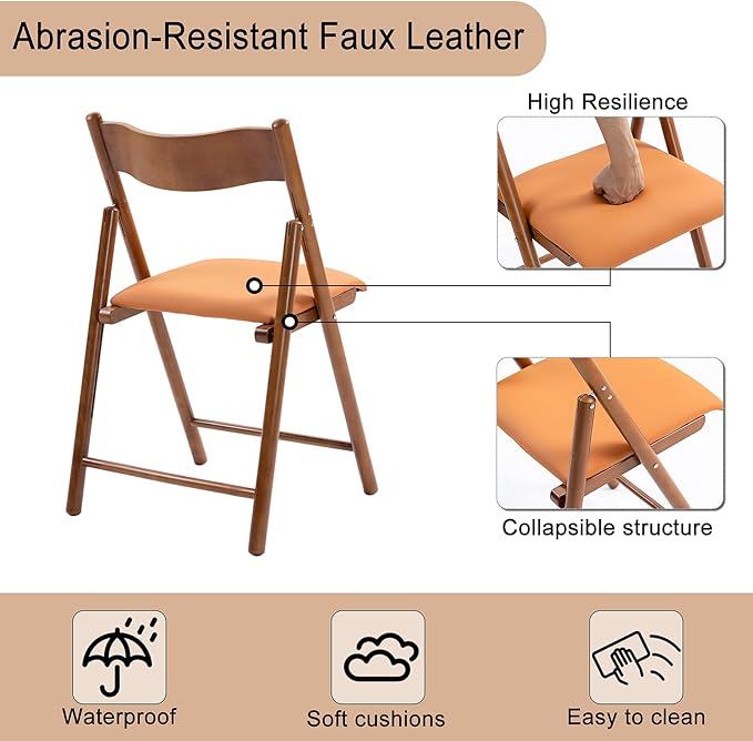 Folding Chairs Set of 2, Wooden Foldable Dining Chairs with Faux Leather Cushion 2-Pack Portable and Stackable Chairs for Dining Kitchen Office Wedding Picnic(Orange,2Pack)
