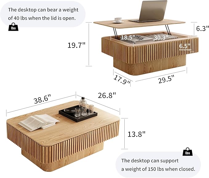 38.6'' Lift Top Fluted Coffee Table with Hidden Compartment, Modern Rectangular Wooden Center Table Cocktail Tea Table with Storage and Adjustable Height for Living Room Apartment,Natural