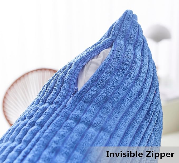 Home Brilliant Throw Pillow Covers Decorative Soft Velvet Corduroy Striped Set of 2 Square Cushion Cover for Couch Bench, 18 x 18 inch, Blue