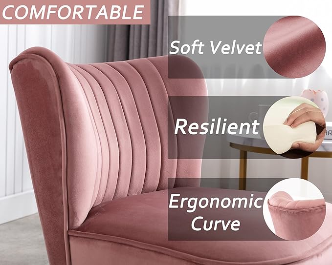 Velvet Accent Chairs Set of 2 Comfy Living Room Chair Armless Slipper Chair Mid Century Side Single Sofa Chair with Golden Legs Wingback for Bedroom Guest Room, Pink
