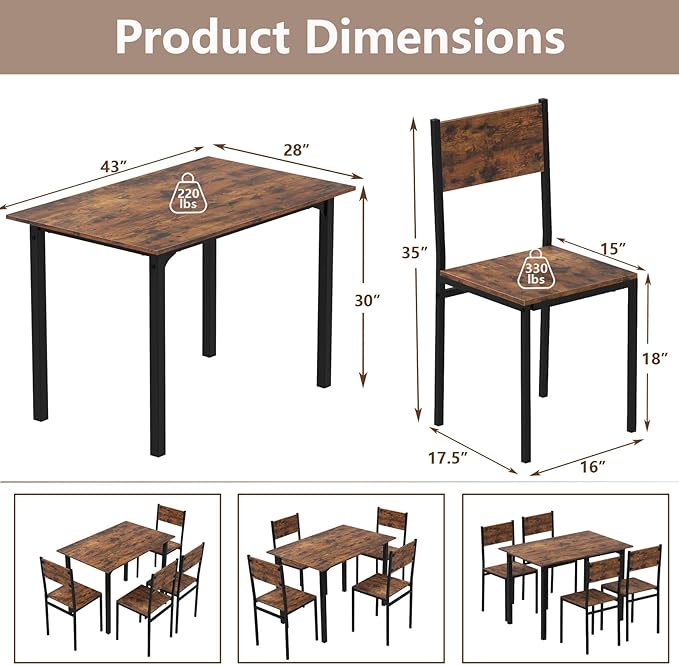 GOFLAME 5-Piece Dining Table Set, Industrial Kitchen Table and Chairs for 4 with Backrest and Metal Frame, Rectangular Space-Saving Dinette Set for Dining Room, Apartment, Small Space, Rustic Brown