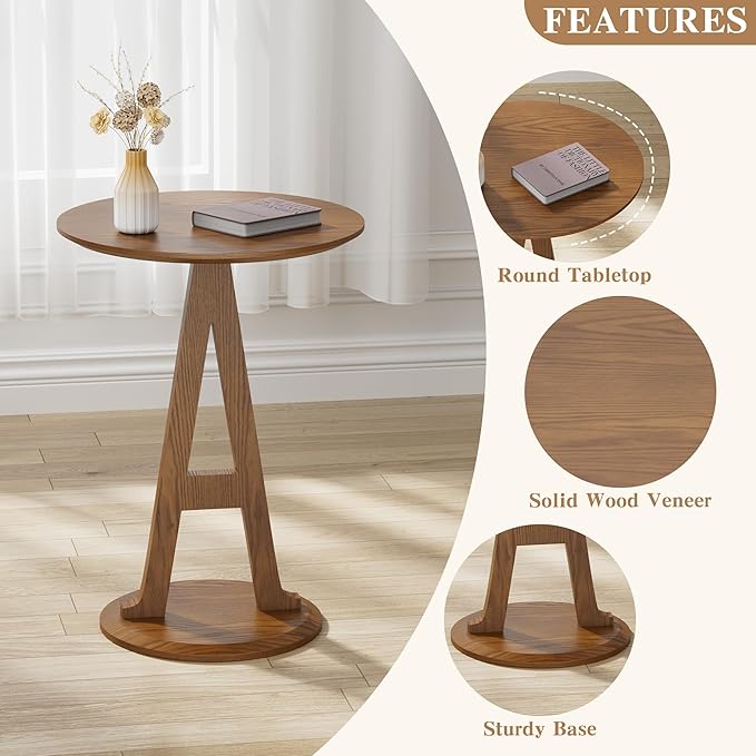 Aoligrace Round End Table, Farmhouse Side Table with Unique A-Shaped Leg,Wooden Small Coffee Tables for Couch Sofa Nightstand Accent Tables for Living Room Bedroom,Easy to Assemble