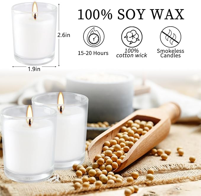 48 Pack Warm White Unscented Clear Glass Filled Votive Candles. Hand Poured Wax Candle Ideal Gifts for Aromatherapy Spa Weddings Birthdays Holidays Party.