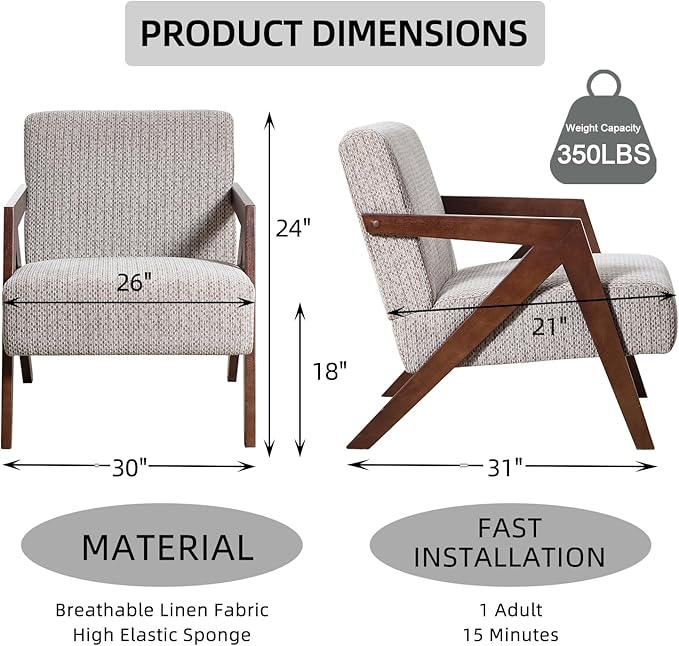 INZOY Accent Chairs Set of 2, Mid Century Modern Accent Chair with Wood Frame, Upholstered Reading Armchair with Soft Linen Fabric, Accent Chair for Living Room Bedroom Apartment, Easy Assembly, Grey