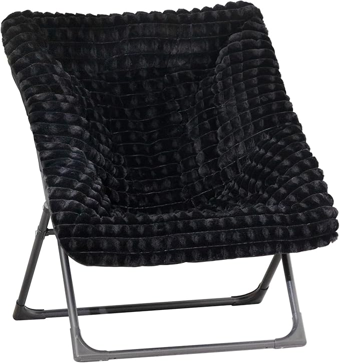 HollyHOME X-Large Saucer Chair, Comfy Oversized Folding Chair, Faux-Fur Reading Chair for Teens, Adults, Foldable Accent Lazy Chair, Metal Lounge Chair for Living Room, Bedroom, Dorm, Grid Black
