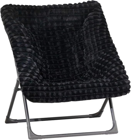 HollyHOME X-Large Saucer Chair, Comfy Oversized Folding Chair, Faux-Fur Reading Chair for Teens, Adults, Foldable Accent Lazy Chair, Metal Lounge Chair for Living Room, Bedroom, Dorm, Grid Black