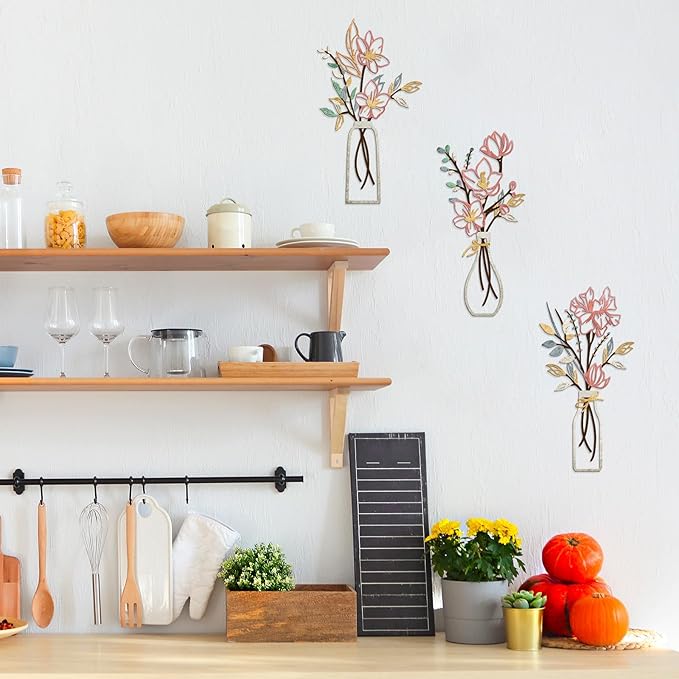 ARTINME 3 Pieces Metal Flowers Wall Arts - Pink and Beige Rustic Farmhouse Decor Minimalist Flower Wall Decors for Living room Bathroom Kitchen Bedroom Dining Room - Housewarming Gifts