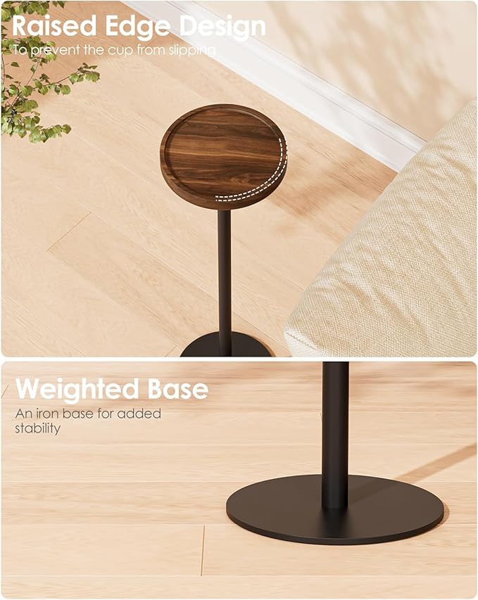 Drink Table, Small Pedestal Side Table, Round Cocktail Table, Circle Accent End Table with Metal Base, for Small Spaces (2, Brown Walnut)