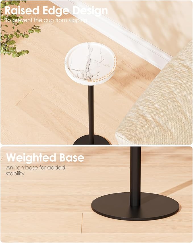 Drink Table, Small Pedestal Side Table, Round Cocktail Table, Circle Accent End Table with Metal Base, for Small Spaces (1, White Marble)