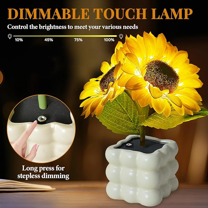 Flower Table Lamp, Touch Stepless Dimming Night Light, USB Rechargeable Small Desk Lamp, LED Sunflowers Artificial Flowers Lamp Aesthetic for Bedroom Home Decor (Sunflower-B)