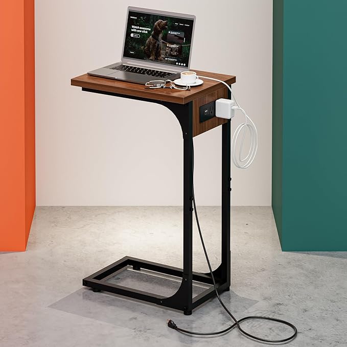 C-Shaped Side Table for Couch - Small Coffee Stand Sofa Tray Desk with Metal Frame Waterproof Scratch Resistant Wood Top and Built-in Charging Station, Rustic Walnut