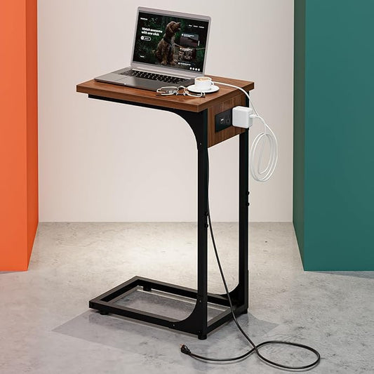 C-Shaped Side Table for Couch - Small Coffee Stand Sofa Tray Desk with Metal Frame Waterproof Scratch Resistant Wood Top and Built-in Charging Station, Rustic Walnut