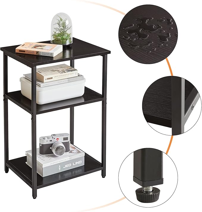 IBUYKE Side Table, 3-Tier End Table, Industrial Nightstand Small Table with Storage Shelf, for Bedroom, Living Room, Hallway, Black UTMJ402B