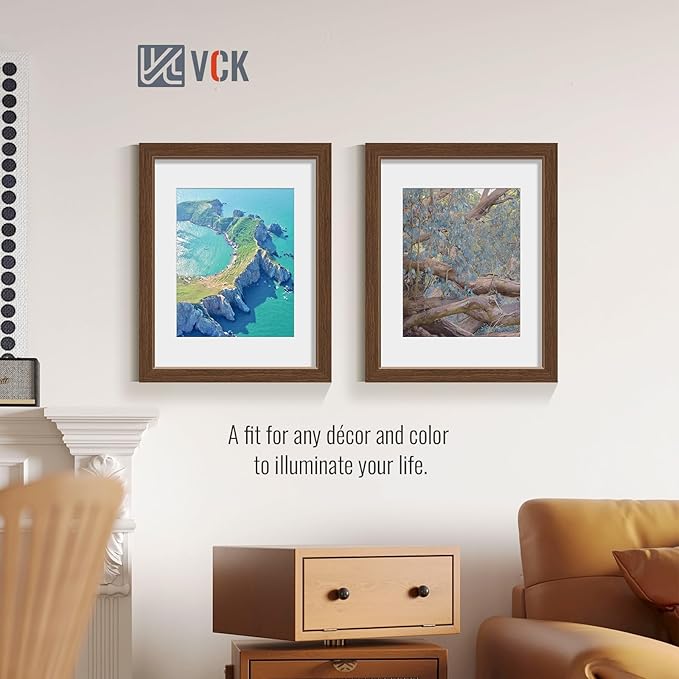 VCK 11x14 Picture Frame 2 Pack - Brown, High-End Wood Poster Frames with Tempered Glass, Display 8x10 Photo with Mat or 11x14 without Mat, Art Gallery-Quality, Wall Hanging, Brown
