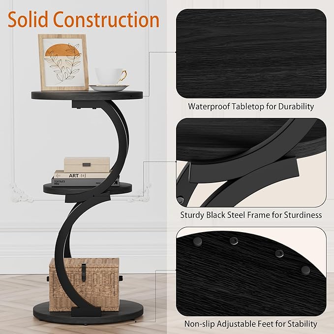 JUSTOGO Small Round Side Table, 3-Tier End Table for Living Room, Vintage Nightstand for Small Spaces Sofa Couch Corner Bedside Bedroom, S-Shaped Wood Accent Table Matel Coffee Table, Black