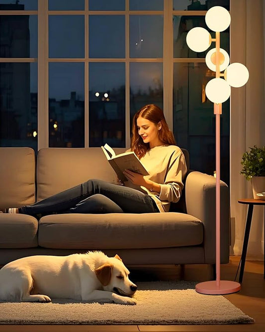 Lightdot Pink Floor Lamp Dimmable (Brightness Adjustable) Globe Retro Standing Lamps with 5PCS 3000K G9 Bulbs, Mid Century Modern Floor Lamp for Living Room Bedroom Home Office