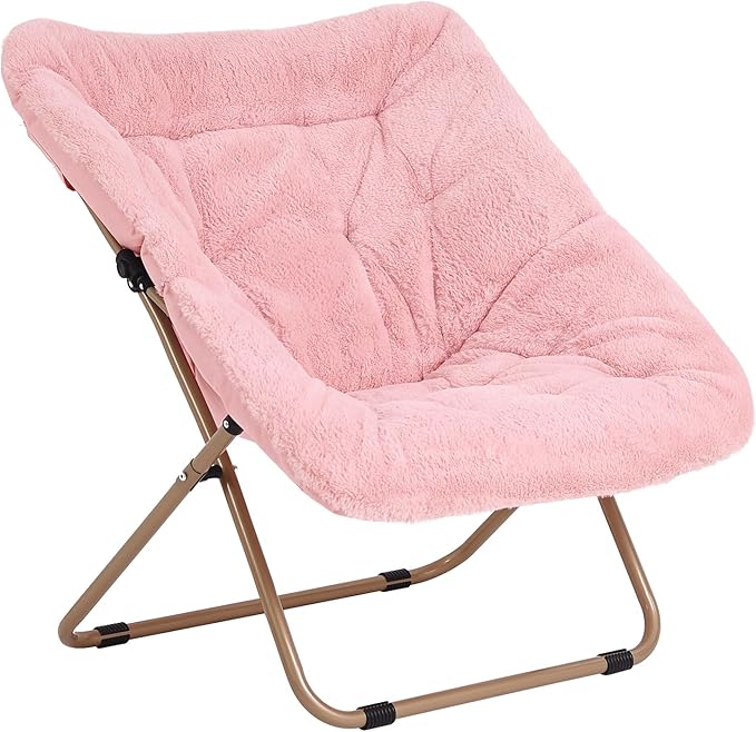 Modern Pink Faux Fur Foldable Metal Frame Recliner Chair for Bedroom, Living Room, Balcony