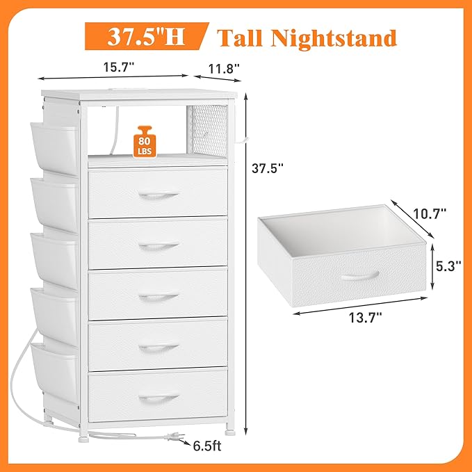 EnHomee Tall Night Stand with 5 Drawers, LED Nightstand with Ports & Outlets, White Dresser with Extra Side Bag & Storage Shelf & Hooks, Bedroom, Dorm, Closet