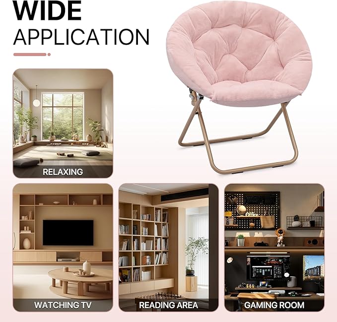 Athena Collection Comfy Saucer Chair Folding Cozy Chair for Bed Room Living Room Accent Chair Faux Fur Reading Chair Foldable Metal Frame Lazy Chair Moon Chair for Adult, Pink